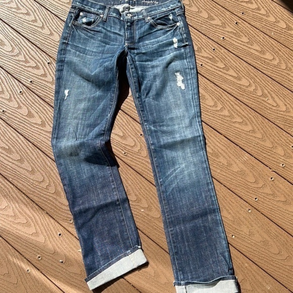 7 for all mankind distressed straight leg mid rise jeans